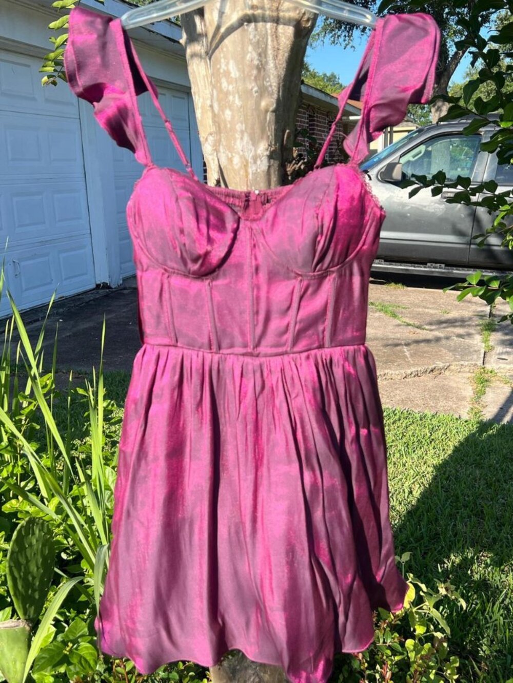 Iridescent ruffle fuschia dress